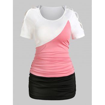 

Cold Shoulder Criss-cross Contrast T-shirt, Multicolor a
