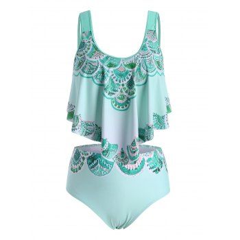 

Bohemian Printed Flounces Strappy Plus Size Tankini Swimwear, Green