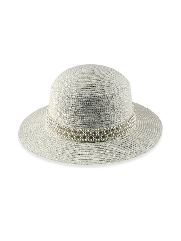 Chapeau de Plage Résistant au Soleil en Paille avec Fausse Perle - Blanc 