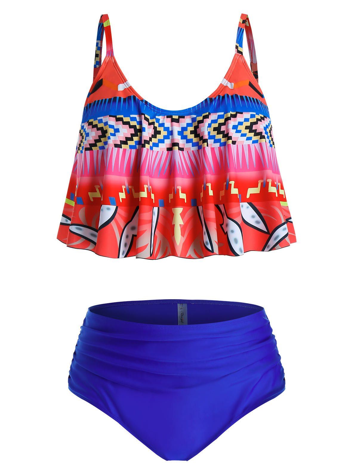 Plus Size Printed Ruched High Rise Tankini Swimwear - BLUE 5X