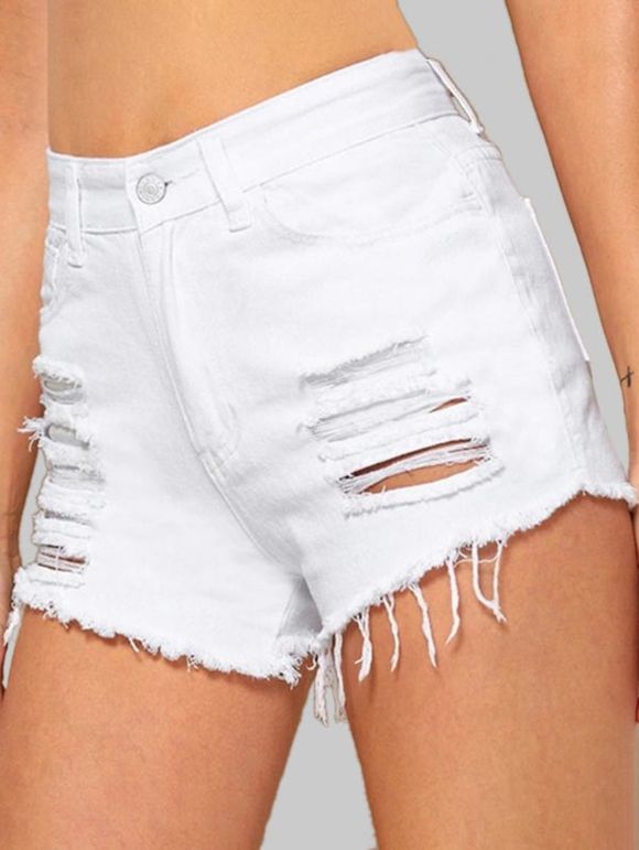 Distressed Cuff Off Jean Shorts - WHITE M