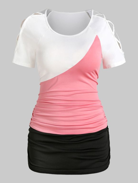 T-shirt Croisé Contrasté à Epaule Dénudée - multicolor A XL