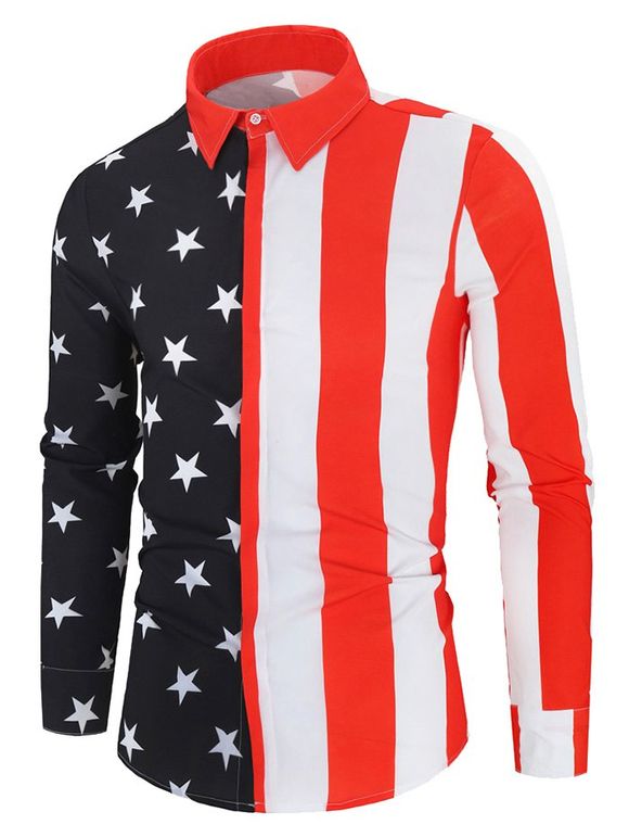 Chemise Boutonnée Drapeau Américain Imprimé à Manches Longues - multicolor M