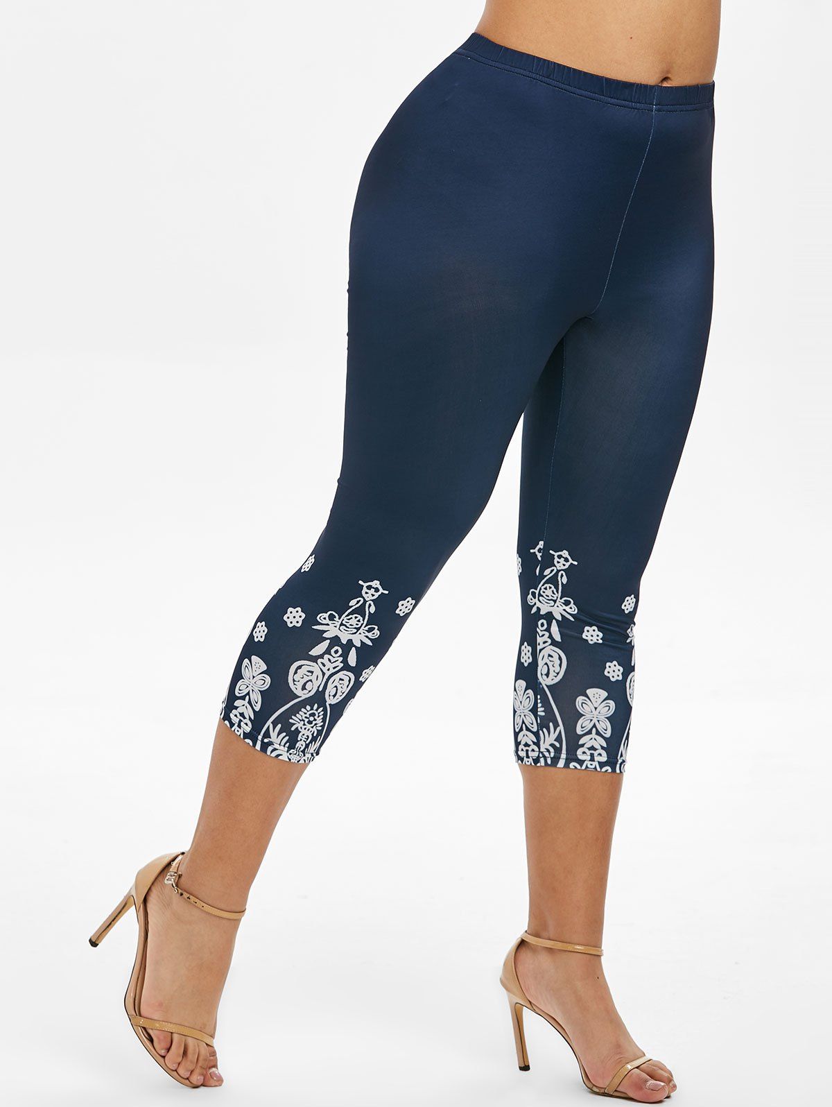 [29% OFF] 2021 Printed High Waisted Plus Size Capri Leggings In BLUE ...