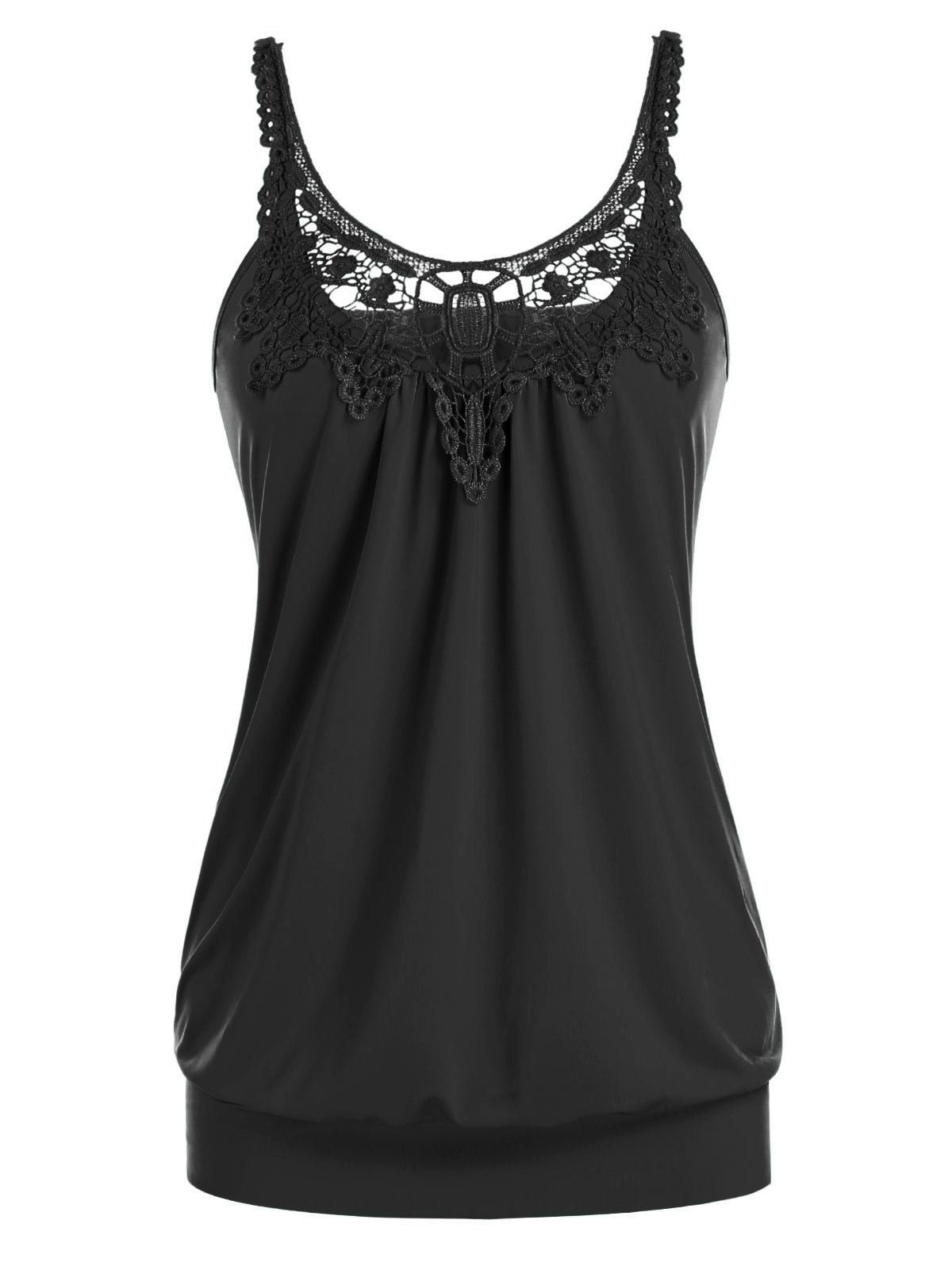 

Plus Size Lace Splicing Ruched U Neck Tank Top, Black