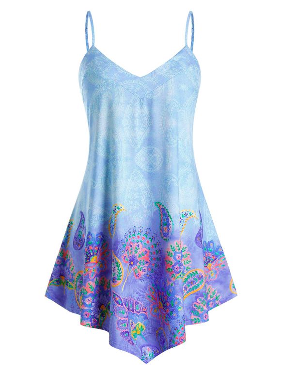 Plus Size Paisley Flower Print Tunic Cami Top - CORNFLOWER BLUE 2X