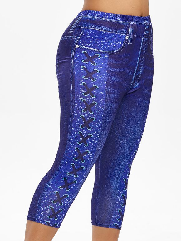 Legging Court 3D Jean Imprimé de Grande Taille à Lacets - Bleu Myrtille 5X