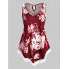 Débardeur Fleuri Ourlet en Dentelle avec Trou de Serrure au Dos Grande-Taille - Rouge Vineux 5X