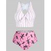 Plus Size Tie Front Striped Gecko Print Bikini Swimwear - HOT PINK 5X