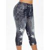 Legging Court 3D Jean Etoile et Soleil Imprimés de Grande Taille - Noir 1X