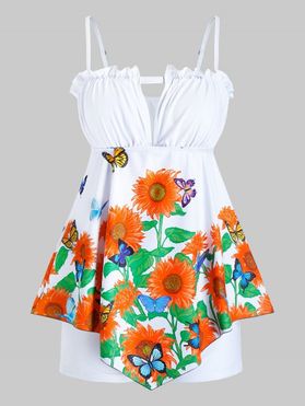 Plus Size Sunflower Butterfly Asymmetric Boyleg Tankini Swimwear