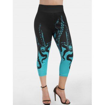 

High Waisted Octopus Print Capri Skinny Leggings, Turquoise