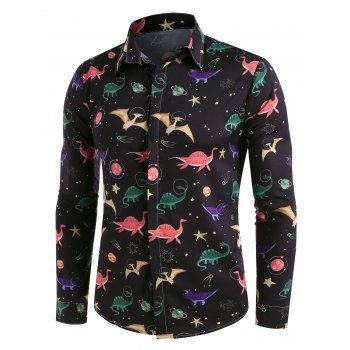 Image of Cartoon Dinosaur Print Button Up Long Sleeve Shirt