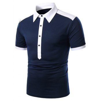 

Two Tone Turndown Collar Button Short Sleeve T Shirt, White
