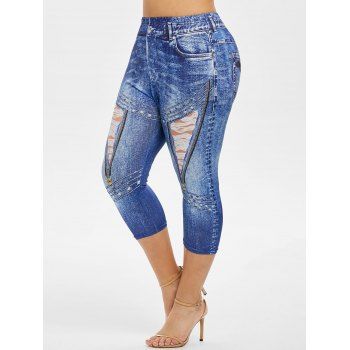 

Plus Size 3D Zip Print High Rise Cropped Jeggings, Ocean blue