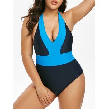 

Plus Size Halter Colorblock Backless One-piece Swimsuit, Dodger blue