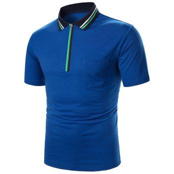 

Striped Turndown Collar Half Zip Pocket T Shirt, Blue ivy