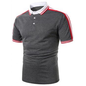 

Striped Trim Turndown Collar Short Sleeve T Shirt, Gray