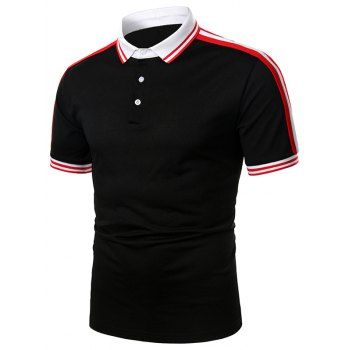

Striped Trim Turndown Collar Short Sleeve T Shirt, Black