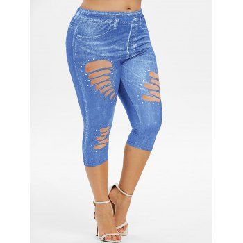 Plus Size 3D Ripped Print Cropped Jeggings