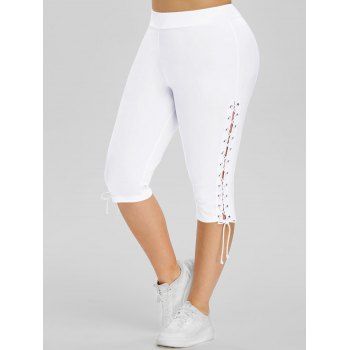 

Lace Up Side High Waisted Plus Size Capri Pants, White