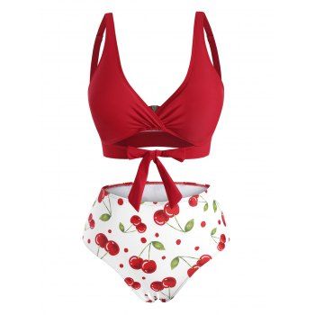 

Knot Cherry Print Bikini Swimwear, Lava red