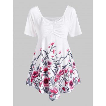 

Ruched Floral Tunic Top, White