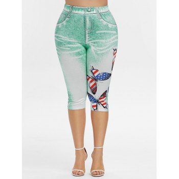

Plus Size American Flag Butterfly Print Jeggings, Macaw blue green