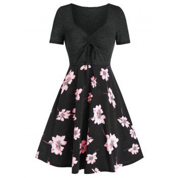 

Printed Floral Drawstring High Waist Dress, Black