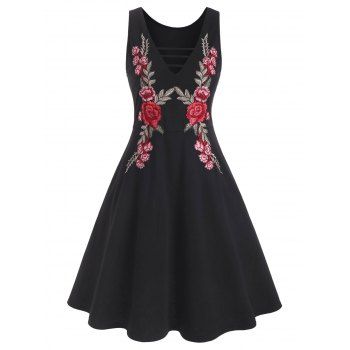 Ladder Cutout Floral Applique Dress, Black