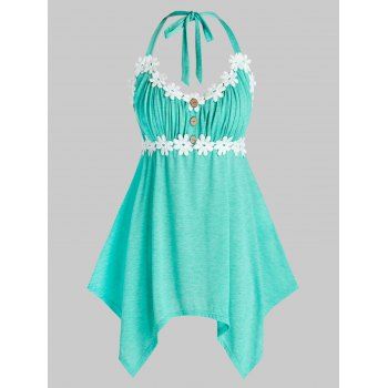 

Plus Size Ruched Bust Button Handkerchief Tank Top, Light aquamarine