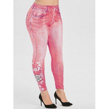 

Plus Size Floral Print High Rise Skinny Jeggings, Flamingo pink
