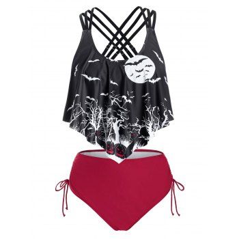 

Plus Size Crisscross Bats Print Cinched Tankini Swimwear, Red wine