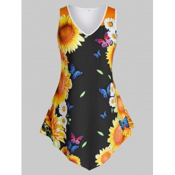 

Plus Size Sunflower Butterfly Print Asymmetric Tank Top, Black