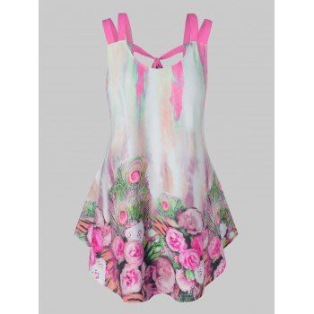 

Plus Size Tie Dye 3D Flower Peacock Feather Tie Tunic Tank Top, Pink