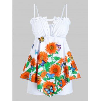 

Plus Size Sunflower Butterfly Asymmetric Boyleg Tankini Swimwear, White