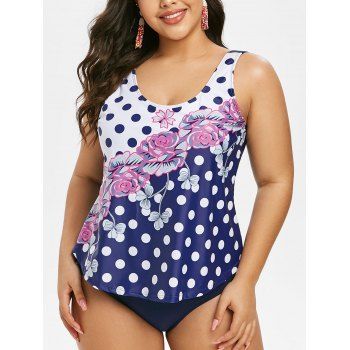 

Plus Size Polka Dot Flower Print One-piece Swimsuit, Deep blue