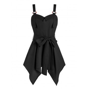 

D-ring Hanky Hem Belted Flare Tank Top, Black
