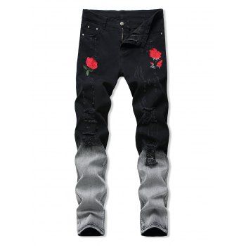 

Floral Embroidery Ripped Design Jeans, Ash gray