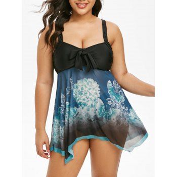 

Plus Size Tie Front Floral Butterfly Print Mesh Tankini Swimwear, Black