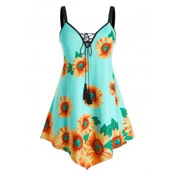 

Plus Size Lace Up Tassels Sunflower Print Tank Top, Celeste