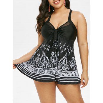 

Plus Size Striped Print Cross Mesh Panel Tankini Swimwear, Black