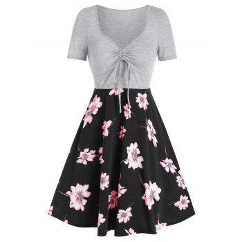 

Printed Floral Corset Style Drawstring High Waist A Line Dress, Light gray