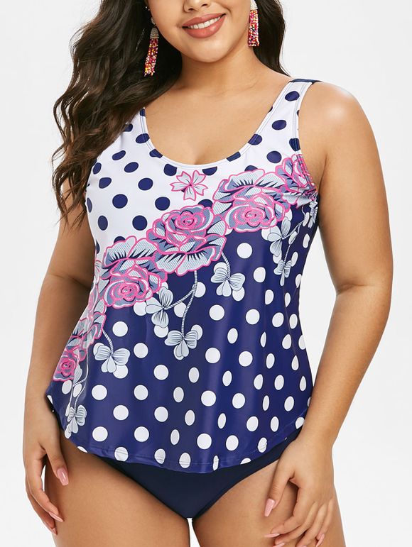 Plus Size Polka Dot Flower Print One-piece Swimsuit - DEEP BLUE L