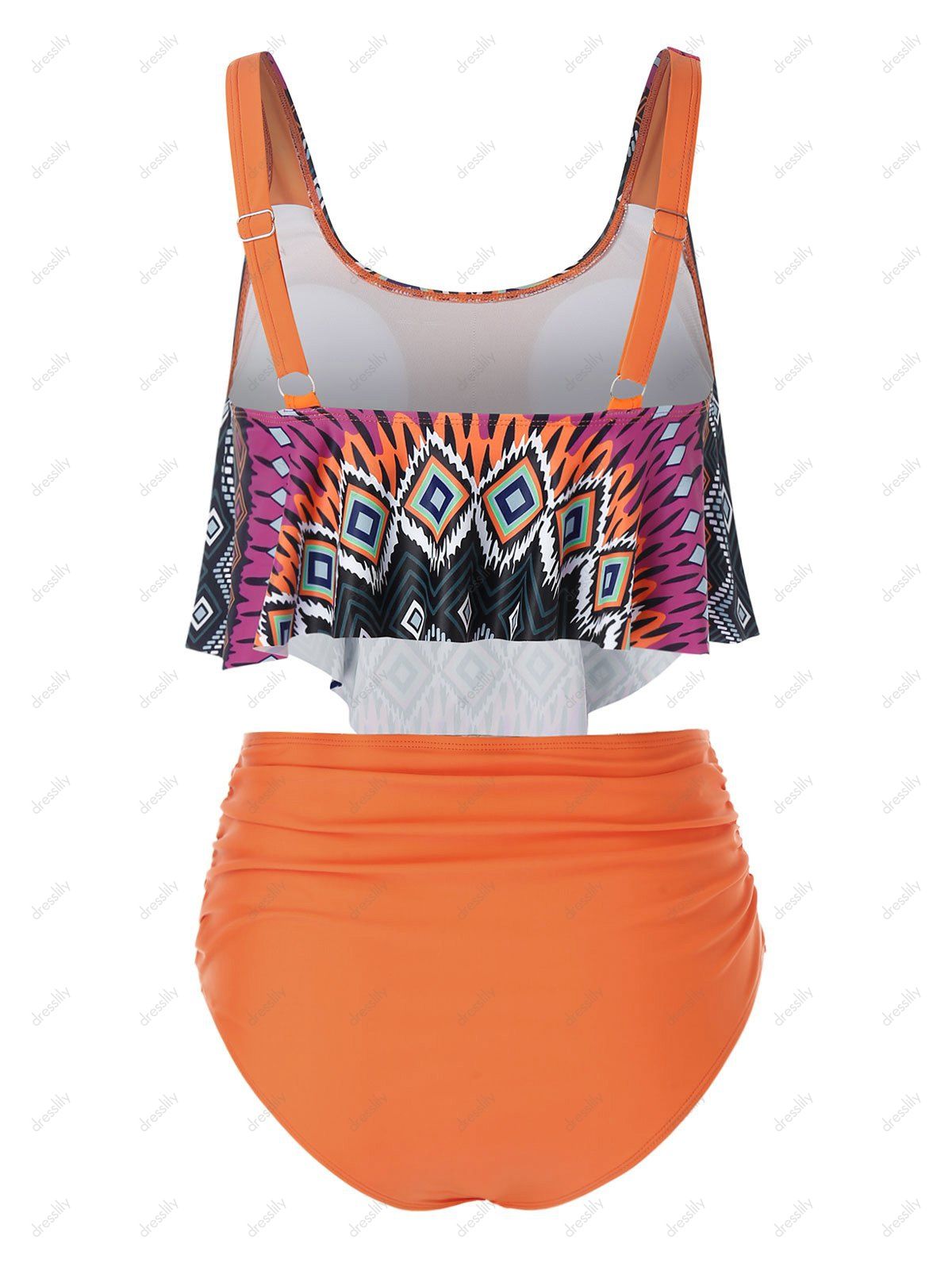 [25 OFF] 2020 Plus Size Geometry Overlay Ruched High Waist Tankini