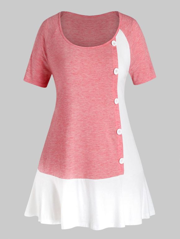 T-shirt Bicolore de Grande Taille avec Bouton - Rose Pastèque 5X