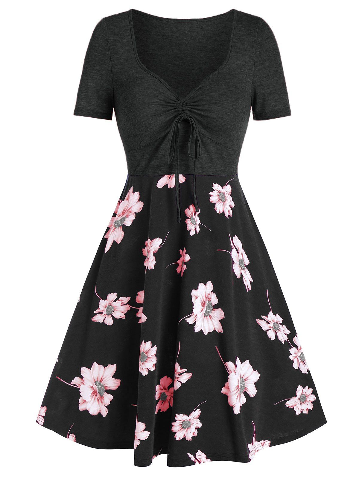 Printed Floral Drawstring High Waist Dress - BLACK XL