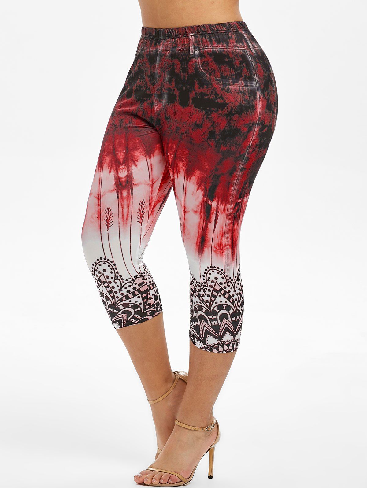 Plus Size Tie Dye Printed Cropped Leggings - RED WINE 1X