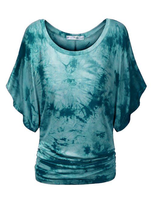 T-shirt Teinté à Manches Chauves-Souris Grande Taille à Volants - Bleu Verdâtre 5X