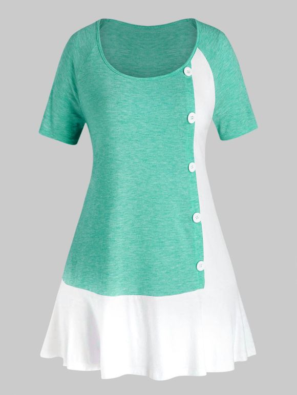 T-shirt Bicolore de Grande Taille avec Bouton - Turquoise Moyenne 5X